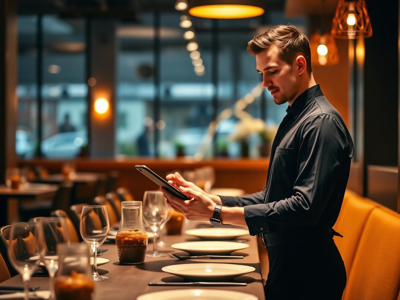 Mozo cargando un pedido en una tablet en el salón