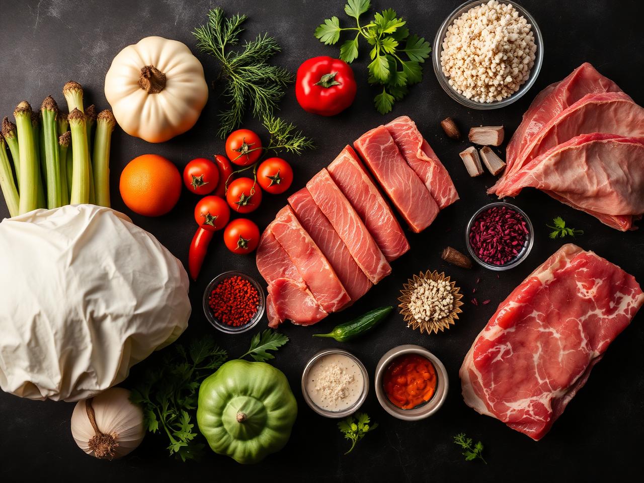 Insumos frescos de cocina sobre superficie oscura