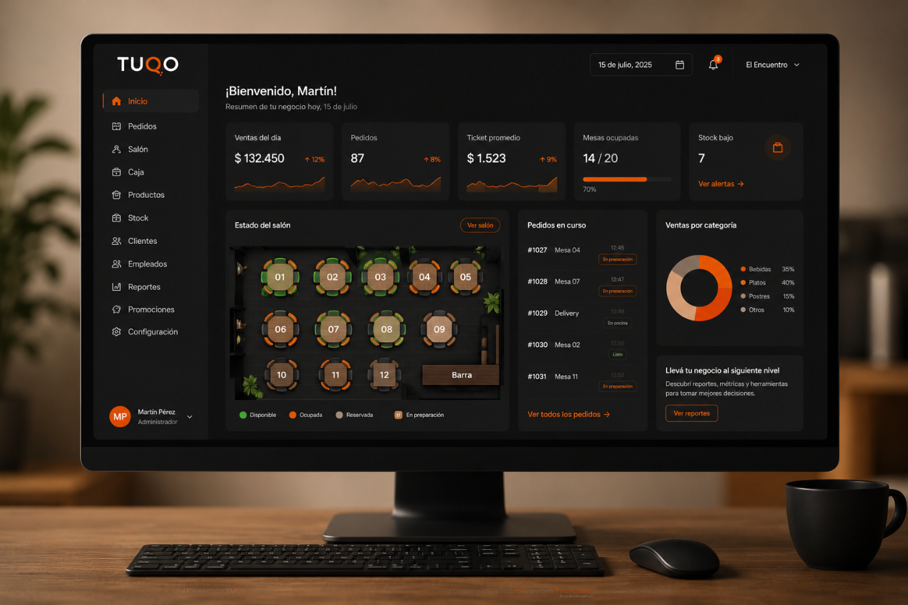 Panel TUQO con dashboard, mesas, pedidos y reportes de un local gastronómico
